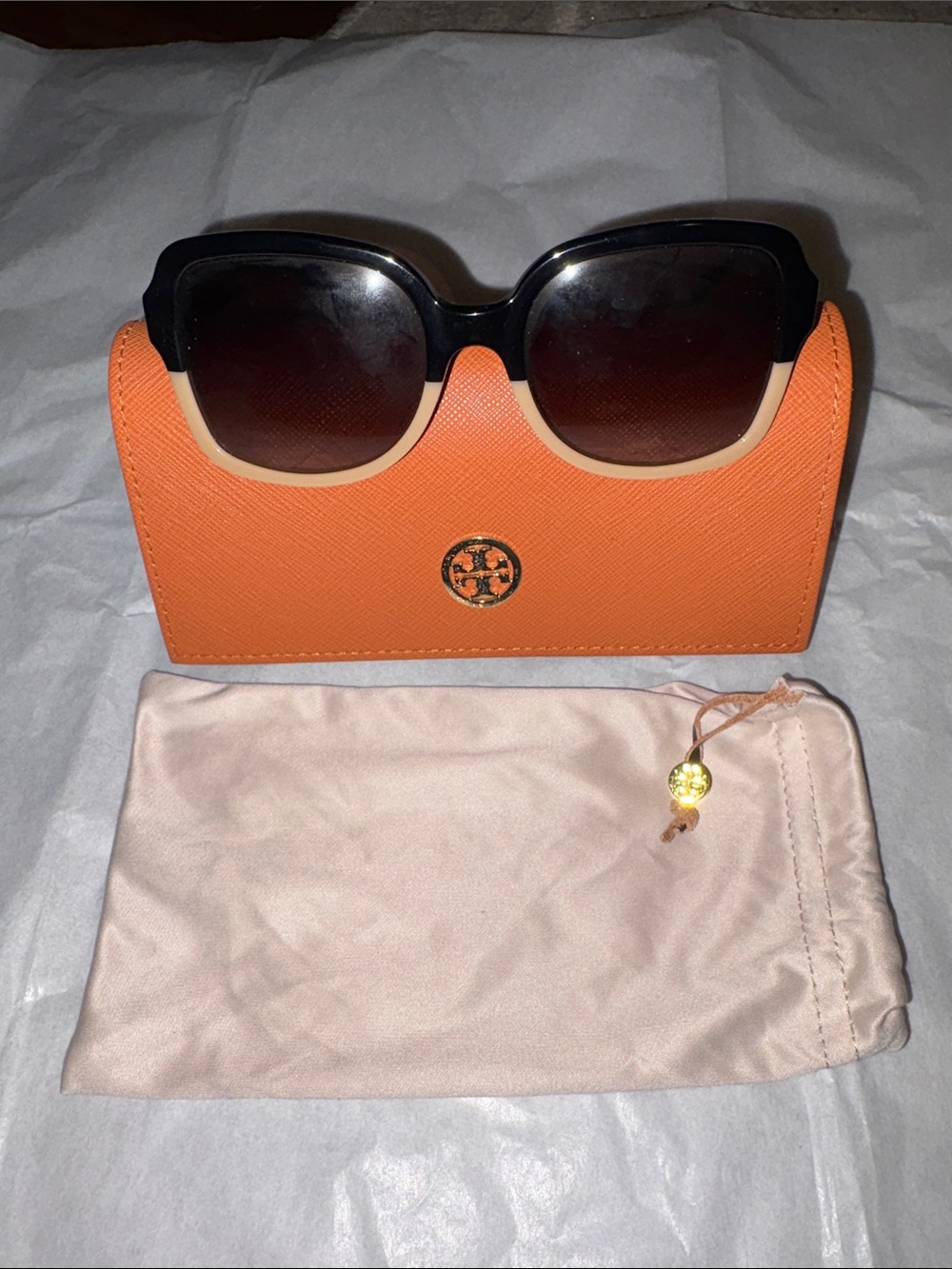Tory Burch Black and Beige Oversized Women's Sunglasses with Orange Logo Case